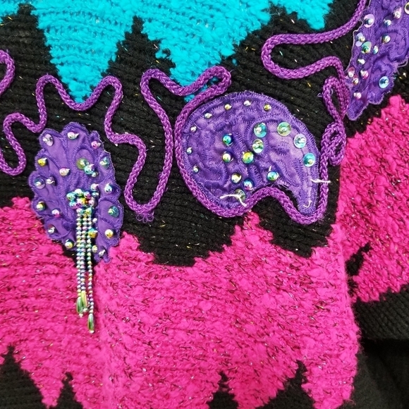 Vintage Ugly Sweater Neon Beaded Sequin Rainbow - Picture 5 of 7